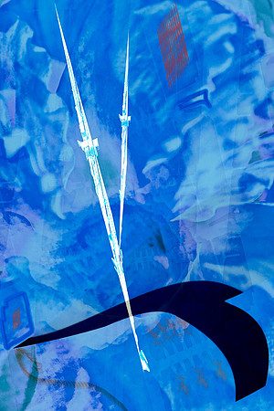 Abstract in tones of blue, with abstracted image of hands on a clock with black slice across bottom
