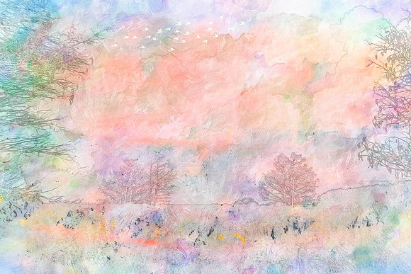soft, ethereal landscape rendered in delicate pastel tones with a watercolor texture and leafless trees
