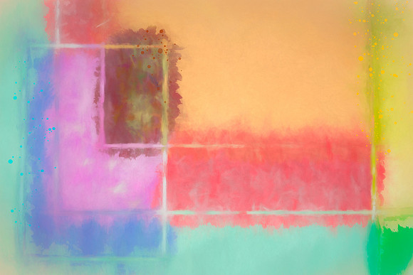 Blues, pinks, reds, oranges and greens in varying square shapes with bits of paint splatter